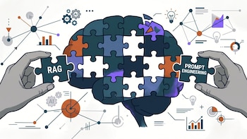 Dibujo de un cerebro en forma de rompecabezas al que dos manos añaden dos piezas con los textos RAG y PROMPT ENGINEERING