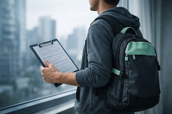 Joven adulto con sudadera gris y mochila oscura con detalles verde menta, sostiene un portapapeles con un formulario. Fondo de edificios urbanos.