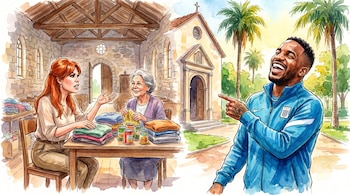 Ilustración de acuarela que muestra a una mujer pelirroja haciendo labor social en una iglesia con otra mujer, y a un hombre sonriendo y señalando.