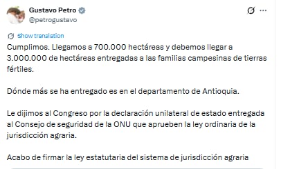 Gustavo Petro ratificó la entrega de 700.000 hectáreas de tierras - crédito @petrogustavo/X