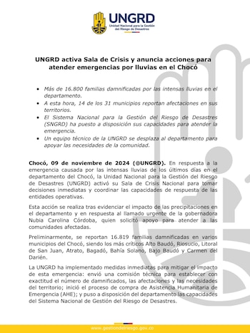 La Ungrd activó Sala de Crisis para tomar acciones urgentes frente a la ola invernal en Chocó - crédito Ungrd/X