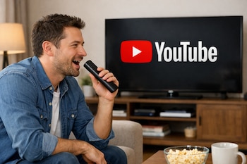 Vista lateral de un hombre caucásico riendo y hablando a un control remoto negro. Detrás, un televisor muestra el logo de YouTube. Popcorn en primer plano.