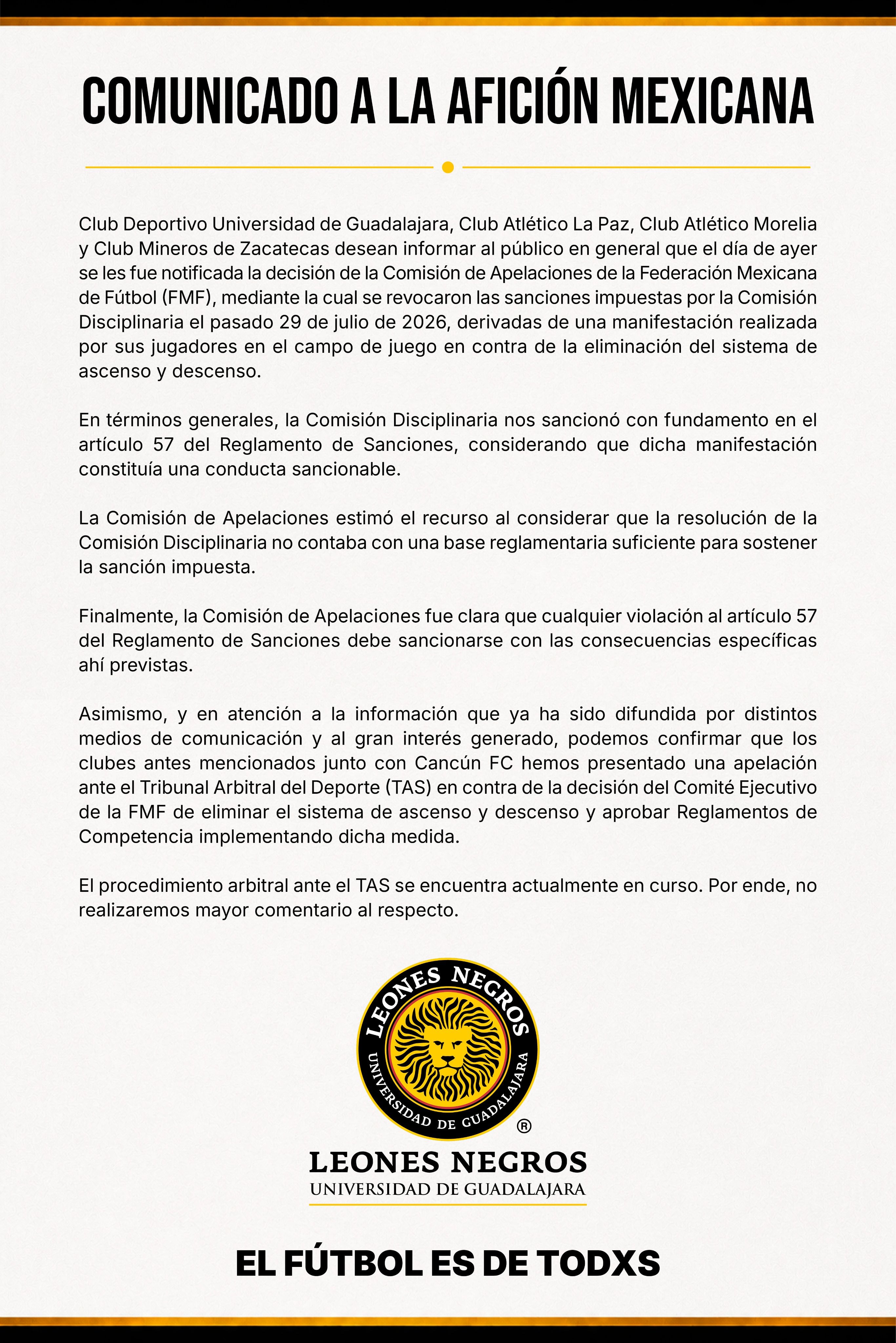 La Universidad de Guadalajara y otros planteles de la Liga de Expansión apelaron ante el TAS (X / Leones Negros de la UdeG)