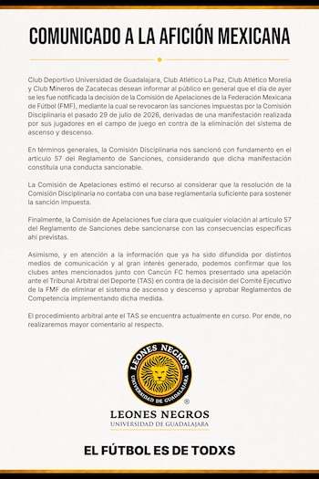La Universidad de Guadalajara y otros planteles de la Liga de Expansión apelaron ante el TAS