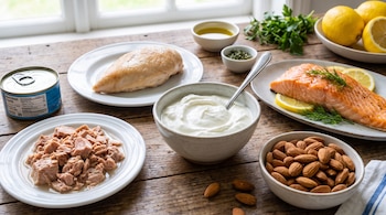 Pechuga de pollo, filete de salmón, atún desmenuzado, lata de atún, yogur griego en cuenco, almendras en cuenco sobre mesa de madera.