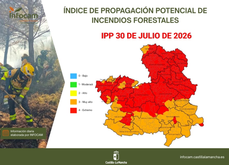 Riesgo de incendios en Castilla-La Mancha este jueves 30 de julio. (INFOCAM)