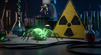 Araña verde brillante sobre mesa de laboratorio. Se observan un símbolo de radiación, un microscopio, tubos de ensayo y matraces con líquidos.
