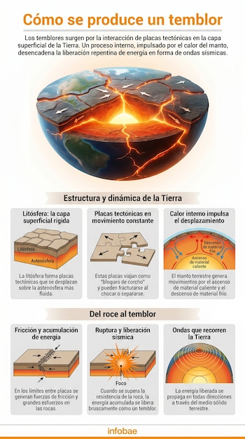 Infografía del origen de los temblores con corte transversal de la Tierra, mostrando placas tectónicas, litósfera, manto y ondas sísmicas.