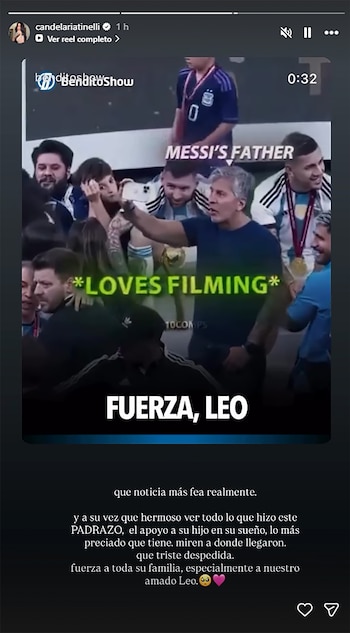 Pantalla de smartphone con historia de Instagram. Video muestra a Jorge Messi filmando, personas con camisetas deportivas y medallas. Textos superpuestos y mensaje escrito