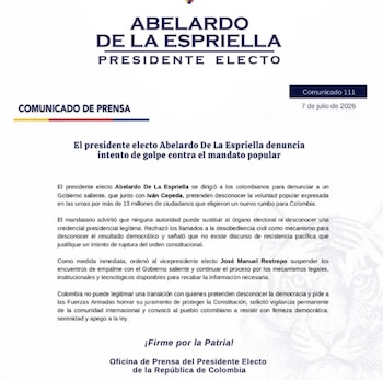 El presidente electo Abelardo De La Espriella denunció un intento de desconocer el mandato popular expresado por más de 13 millones de colombianos y advirtió que ninguna autoridad puede sustituir la voluntad de las urnas - crédito @defensoresco/X