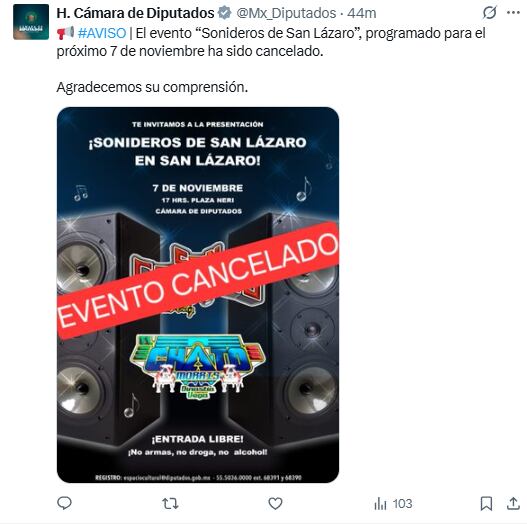 Cancelan sonidero en San Lázaro. Foto: x.com/@Mx_Diputados