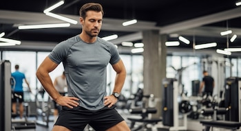 Hombre caucásico con camiseta gris y pantalones cortos negros de pie en un gimnasio, con las manos en las caderas y mirando hacia abajo, concentrado.