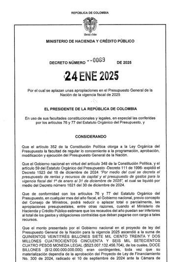 Decreto 0069 de 2025, aplazamiento