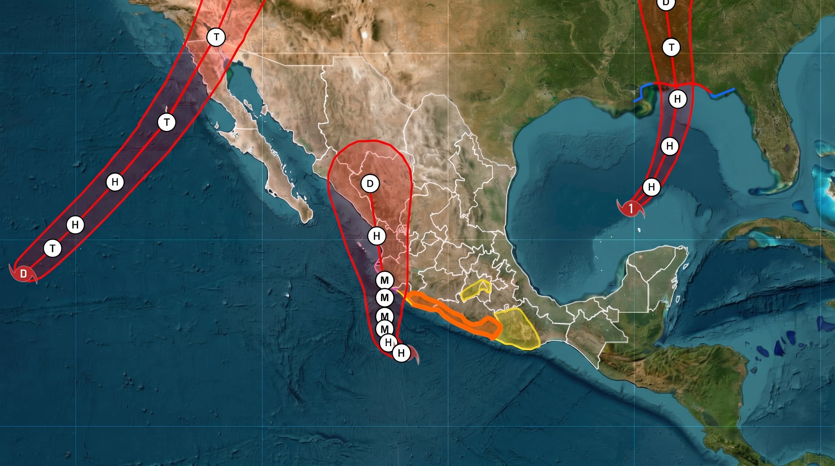 Un mapa meteorológico señala las trayectorias proyectadas de varios ciclones y tormentas tropicales frente a las costas de México y en el golfo de México. (Imagen Ilustrativa Infobae)