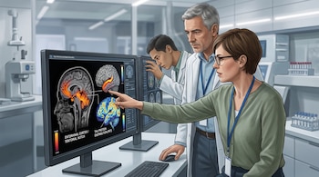 Tres personas frente a monitores con imágenes de cortes cerebrales en colores dentro de un laboratorio con tubos de ensayo y equipos.