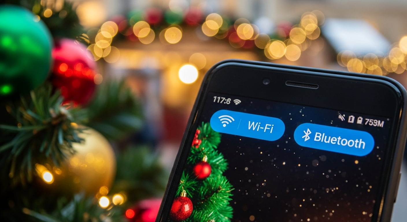 Un teléfono móvil muestra las opciones de conexión Wi-Fi y Bluetooth frente a un árbol de Navidad decorado con esferas de colores y luces brillantes, destacando la importancia de la tecnología y la conectividad durante las celebraciones decembrinas. (Imagen Ilustrativa Infobae)