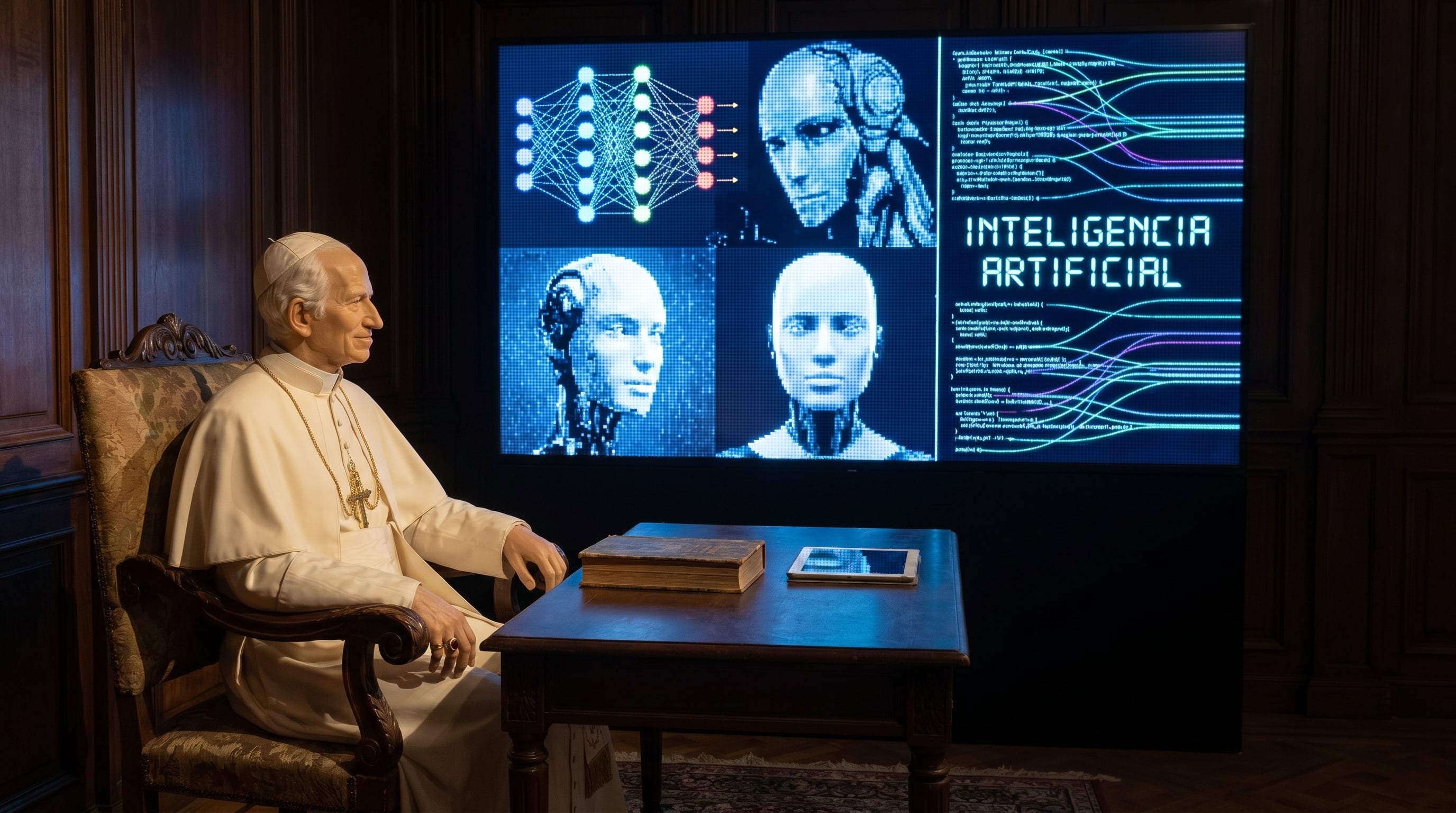 Una representación del Papa León XIV observa imágenes de inteligencia artificial en una pantalla, simbolizando el debate entre tradición y tecnología en el mundo actual. (Imagen Ilustrativa Infobae)