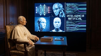 Estatua del Papa León XIV sentado frente a una mesa con un libro y una tableta, con una pantalla grande detrás mostrando gráficos y texto sobre inteligencia artificial.
