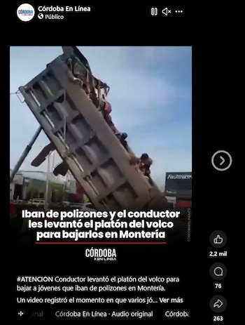 Investigan video de una volqueta con jóvenes en la parte trasera en una vía de Montería - crédito Córdoba en Linea/Facebook