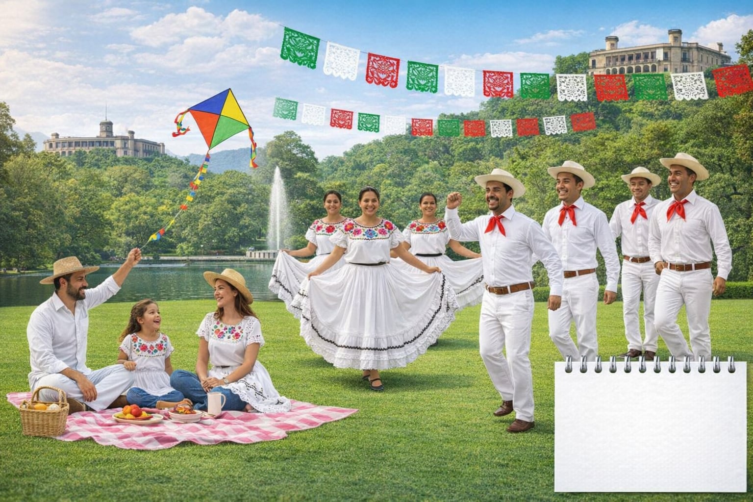 Familias disfrutan de un picnic y danzas folclóricas con trajes típicos de Hidalgo, mientras papel picado verde, blanco y rojo adorna el vibrante paisaje del Parque de Chapultepec. (Imagen Ilustrativa Infobae)