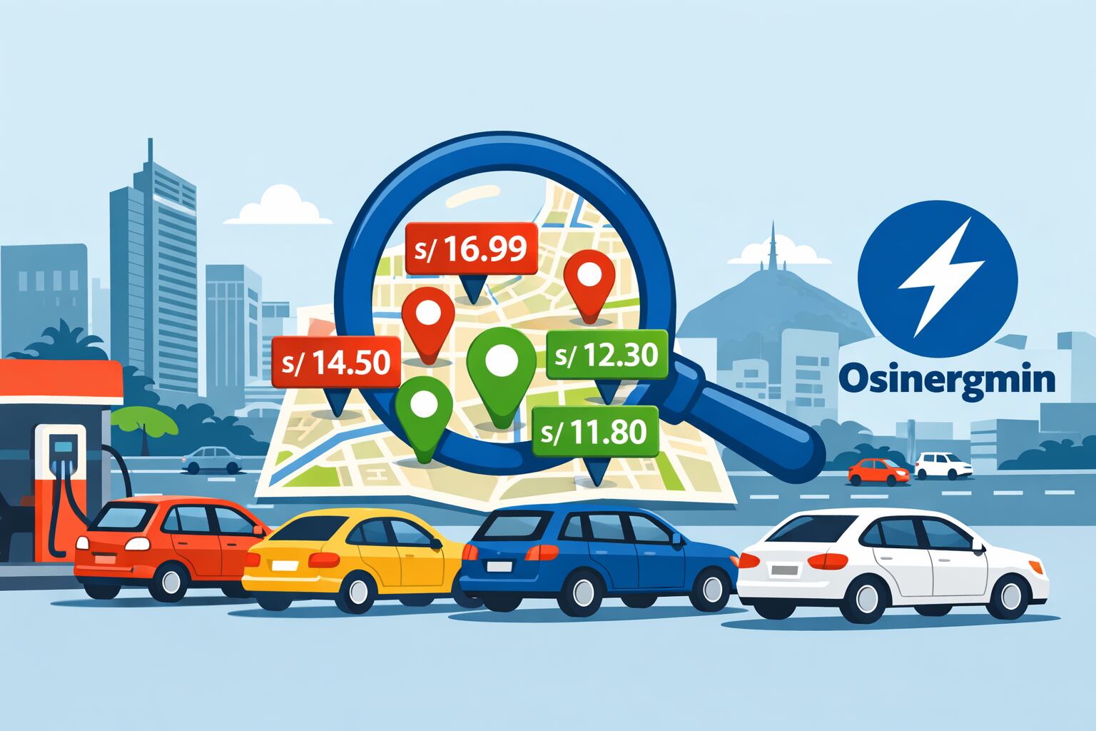 Ilustración de la herramienta Facilito de Osinergmin que compara precios de combustible en Lima, destacando ubicaciones con distintos valores para gasolina y diésel, mientras vehículos esperan en surtidores. (Imagen Ilustrativa Infobae)
