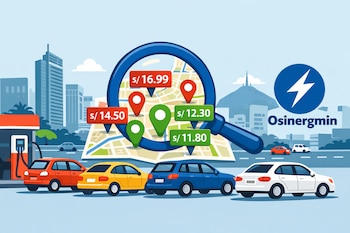 Ilustración de la herramienta Facilito: una lupa sobre un mapa de Lima con pines de precios de combustible y coches en gasolinera. Logo de Osinergmin visible.