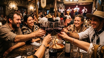 Un grupo de personas brinda con copas de vino tinto alrededor de una mesa de madera que tiene una botella y una jarra.