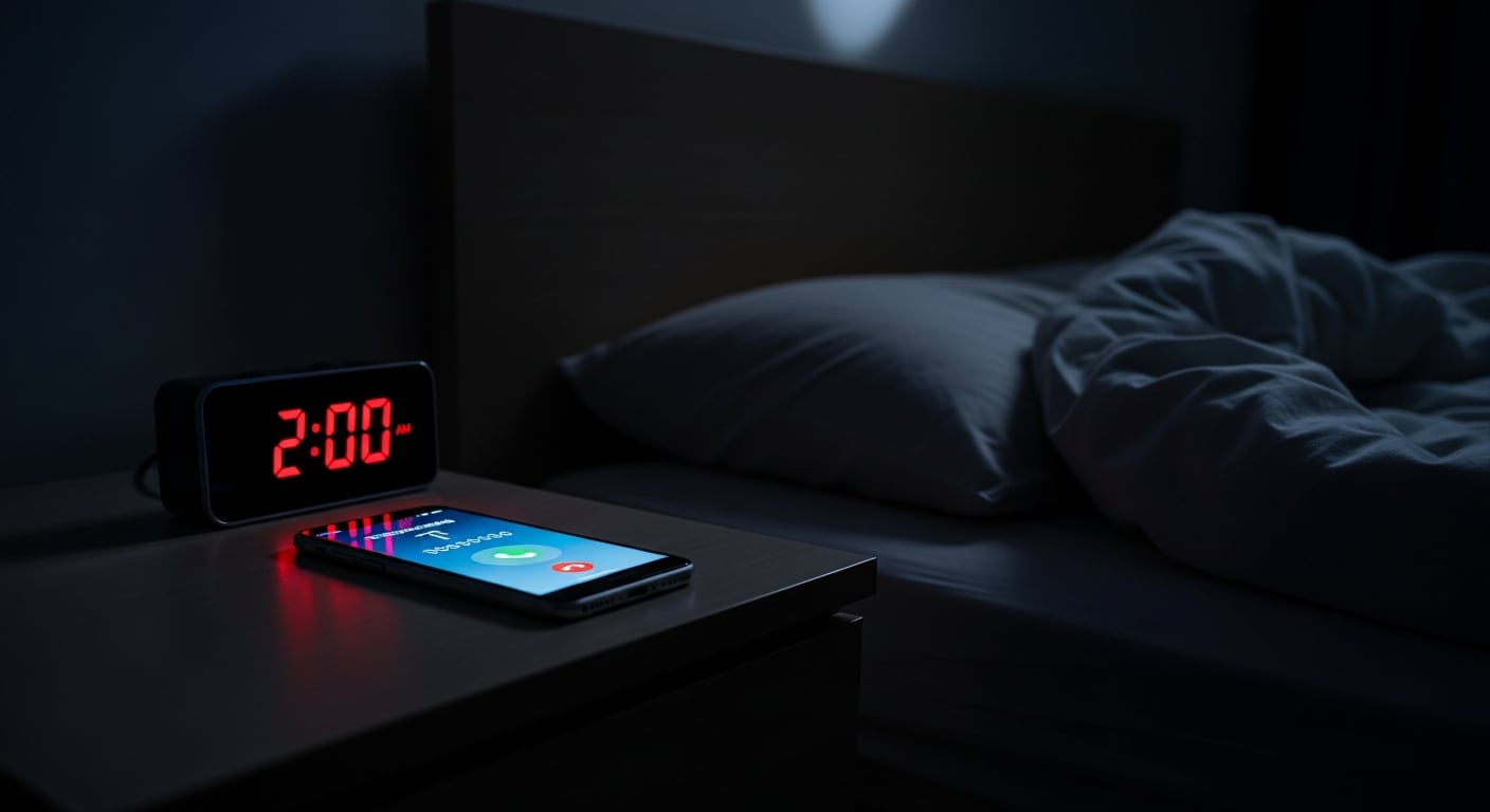 Un teléfono celular suena en la oscuridad de la noche sobre una mesita, donde un reloj digital marca las 2:00 a.m. (Imagen Ilustrativa Infobae)