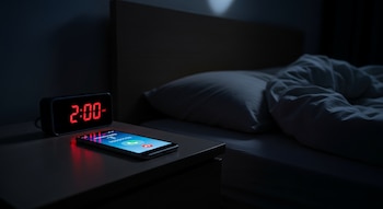 Una habitación oscura con una mesita de noche; sobre ella, un reloj digital rojo marca las 2:00 a.m. y un teléfono celular muestra una llamada entrante.