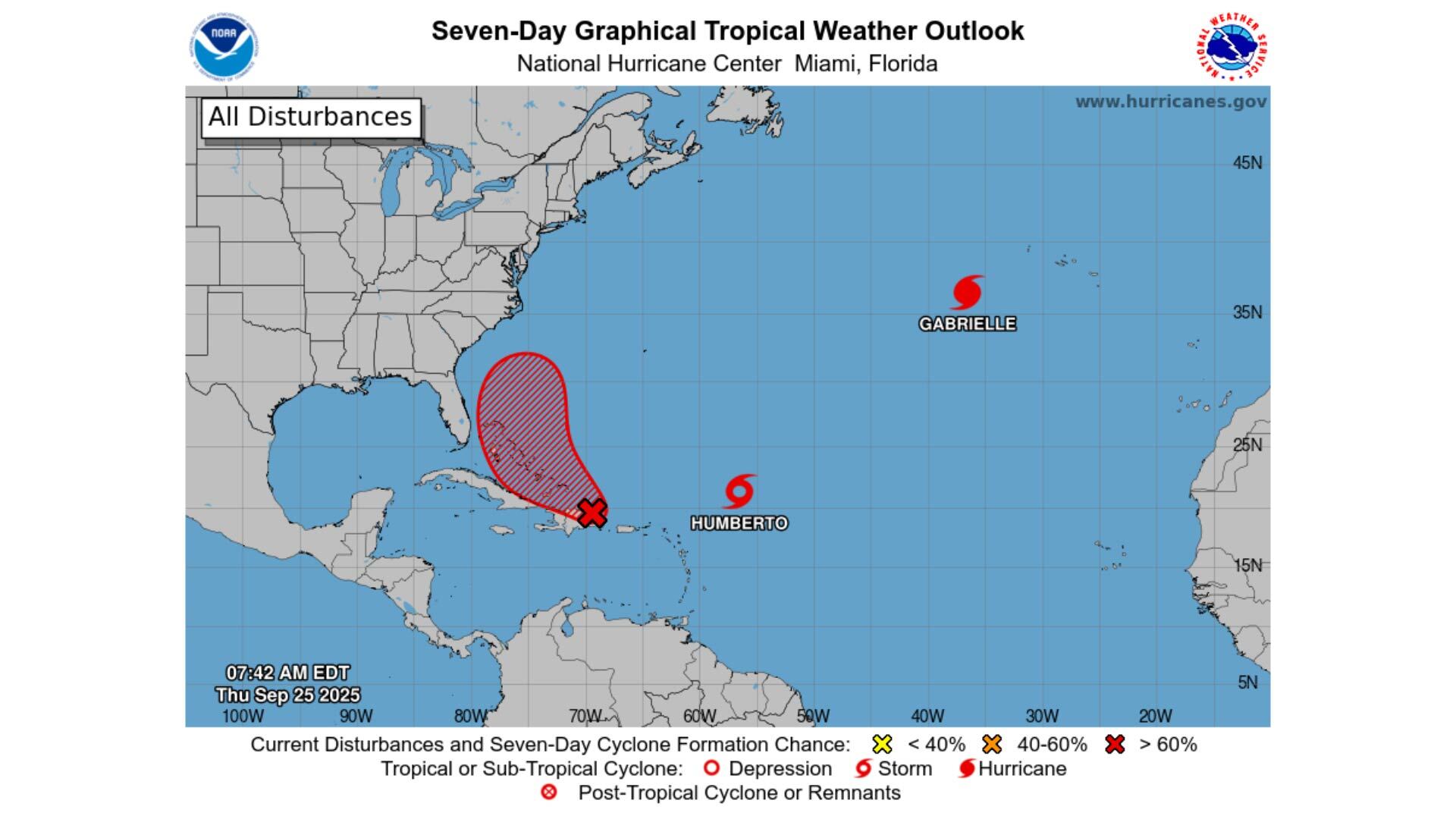 El Centro Nacional de Huracanes monitorea la evolución de Humberto y la perturbación Invest 94L en el Atlántico. (NHC)