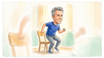 Ilustración de un hombre con camiseta azul y pantalón gris que se levanta de una silla de madera en una habitación iluminada.