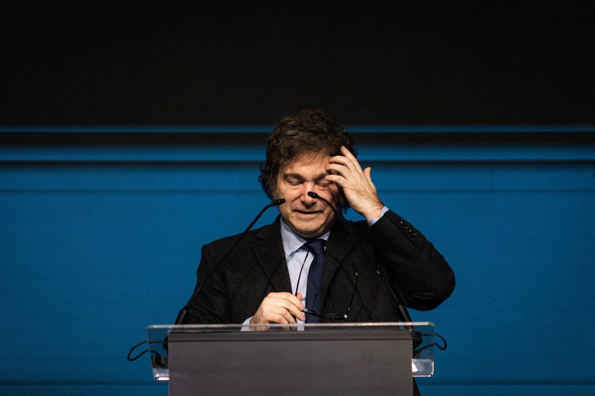 Javier Milei en un foro en Brasil. (Arthur Menescal/Bloomberg)