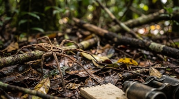 Una araña cazadora Heteropoda jugulans sobre hojarasca de selva. En primer plano, un cuaderno de campo abierto y unos binoculares.