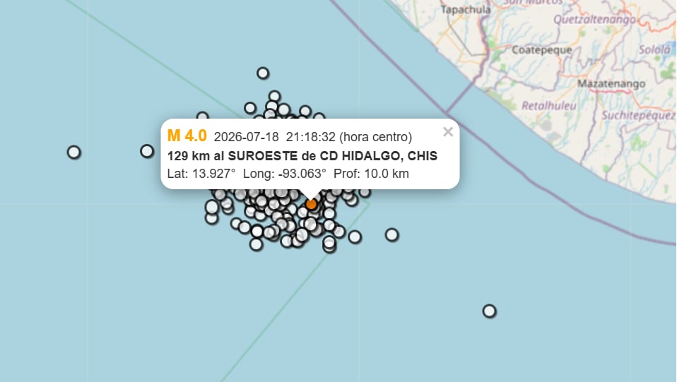 Sismo de magnitud 4.0 en Ciudad Hidalgo Chiapas este 18 de julio. (Servicio Sismológico Nacional)