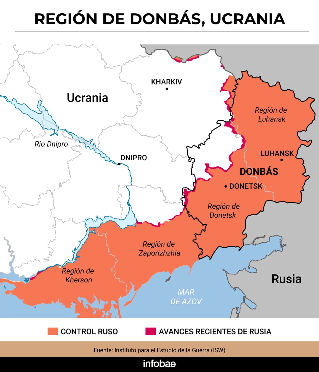 Rusia controla casi toda Lugansk y tres cuartos de Donetsk, dentro del Donbás (Diseño Infobae)