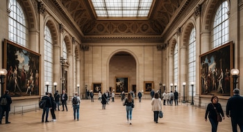 Sala de museo clásico con grandes pinturas en las paredes y varias personas observando el arte.