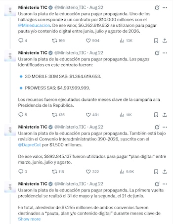 Recursos de convenios entre Inravisión, Educación y Dapre fueron orientados a servicios de pauta digital durante 2026 - crédito @Ministerio_TIC / X