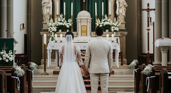 Una pareja vestida de novios, tomados de la mano y de espaldas, frente a un altar de iglesia decorado con flores blancas y velas encendidas.