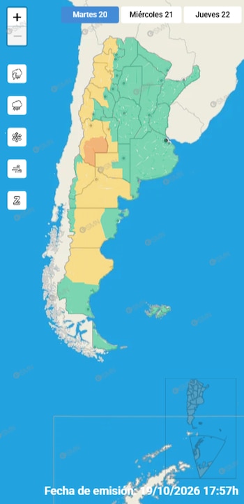 Las alertas abarcan sectores del centro, norte y sur del país, con riesgo de tormentas, nieve y fuertes ráfagas
