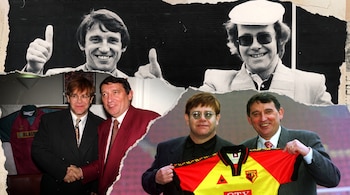 Collage de fotos de Elton John y Graham Taylor. Muestra sonrisas, pulgares arriba, un apretón de manos y una camiseta de fútbol del Watford.