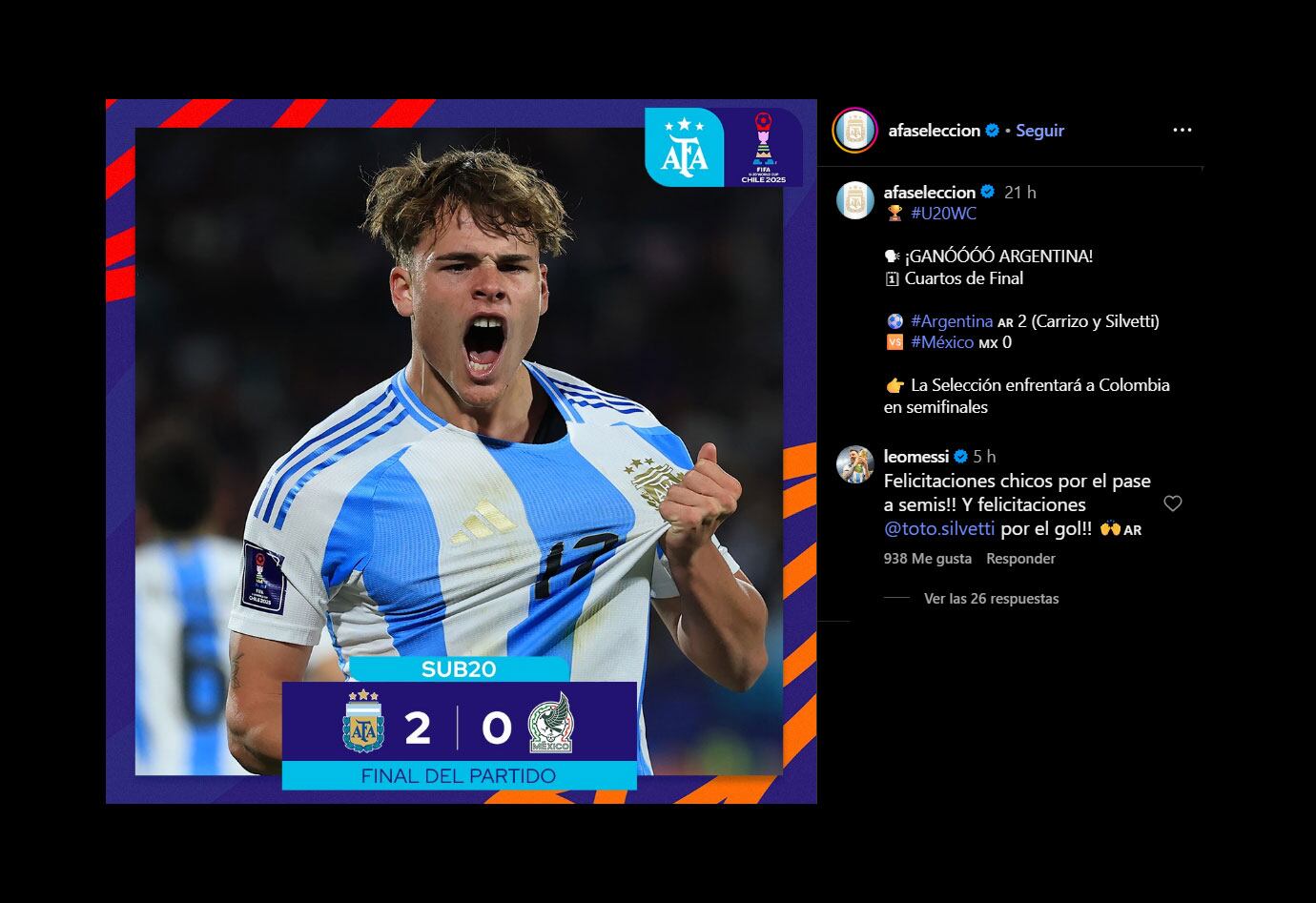 La felicitación de Lionel Messi al Sub 20 tras su pase a la semifinal y el saludo especial a Mateo Silvetti