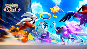 Ilustración con el logotipo de Pokémon Unite y varios personajes como Pikachu, Cinderace y Mr. Mime en una pista deportiva con un aro central