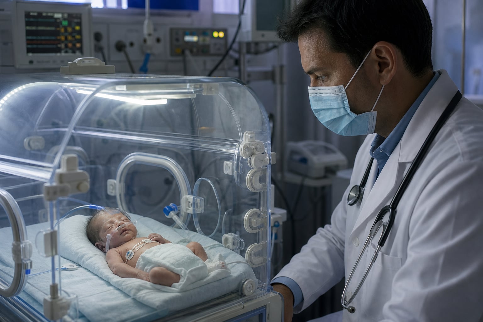 Un médico monitorea la salud de un recién nacido afectado por un virus respiratorio dentro de una incubadora neonatal. (Imagen Ilustrativa Infobae)