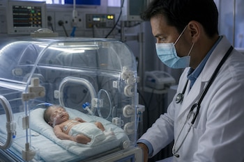 Un recién nacido con cánula nasal descansa dentro de una incubadora mientras un médico con mascarilla y estetoscopio lo observa.