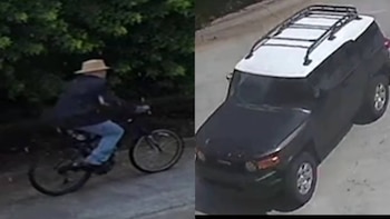 Un hombre con sombrero sobre una bicicleta a la izquierda y una camioneta oscura con techo blanco sobre una calle a la derecha