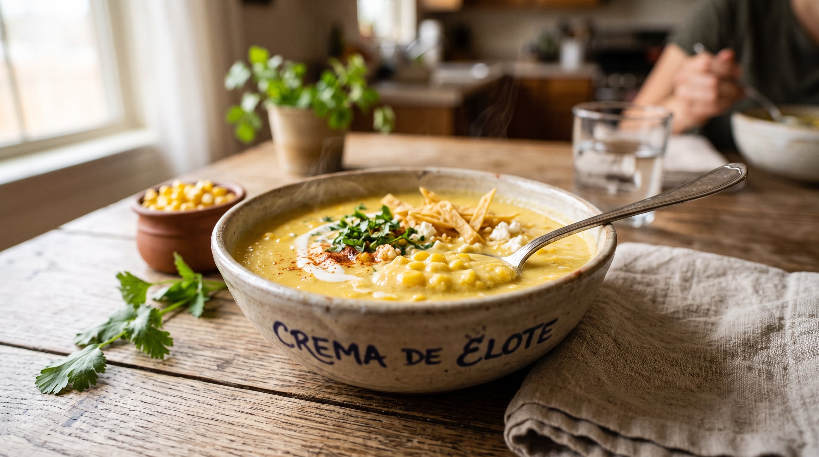 Un tazón de cerámica con crema de elote decorada con cilantro, queso y tiras de tortilla reposa sobre una mesa de madera. (Imagen Ilustrativa Infobae)