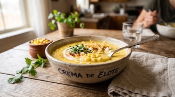 Tazón de cerámica con crema de elote, cilantro y tiras de tortilla junto a una cuchara, un vaso con agua y un recipiente con maíz.
