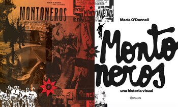 Composición visual del libro "Montoneros, una historia visual" de María O'Donnell, mostrando su portada y varias páginas interiores con fotografías y textos de época