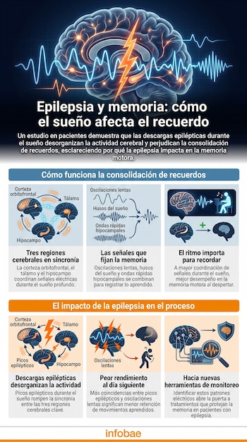 Infografía del cerebro humano con ondas cerebrales y un rayo. Diagramas de regiones cerebrales, gráficos de ondas y figuras humanas ilustran epilepsia y memoria.
