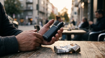Manos humanas sostienen un dispositivo de vapeo negro sobre una mesa de madera junto a una cajetilla de cigarrillos aplastada.